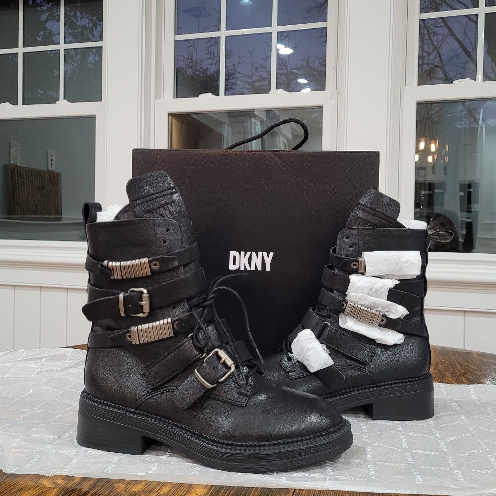 DKNY Black Buckled Combat Boots. Silver-Tone Metal Accents. 7. New. - Picture 9 of 13